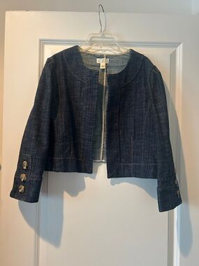 LOFT Dark Blue Cropped Denim Jacket with Button Cuffs